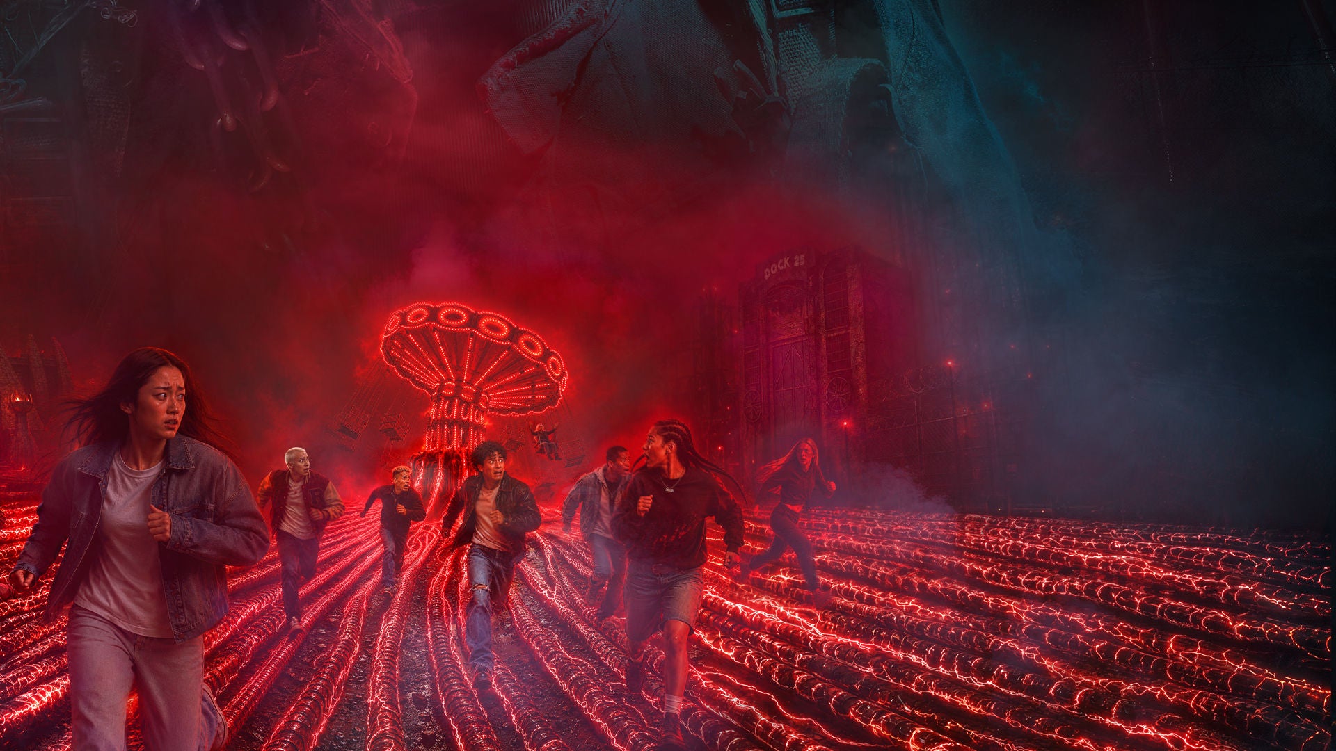 Wave Singer attraction at Walibi Belgium, a carousel shrouded in mist and illuminated in red for the Halloween event: Ibilaw