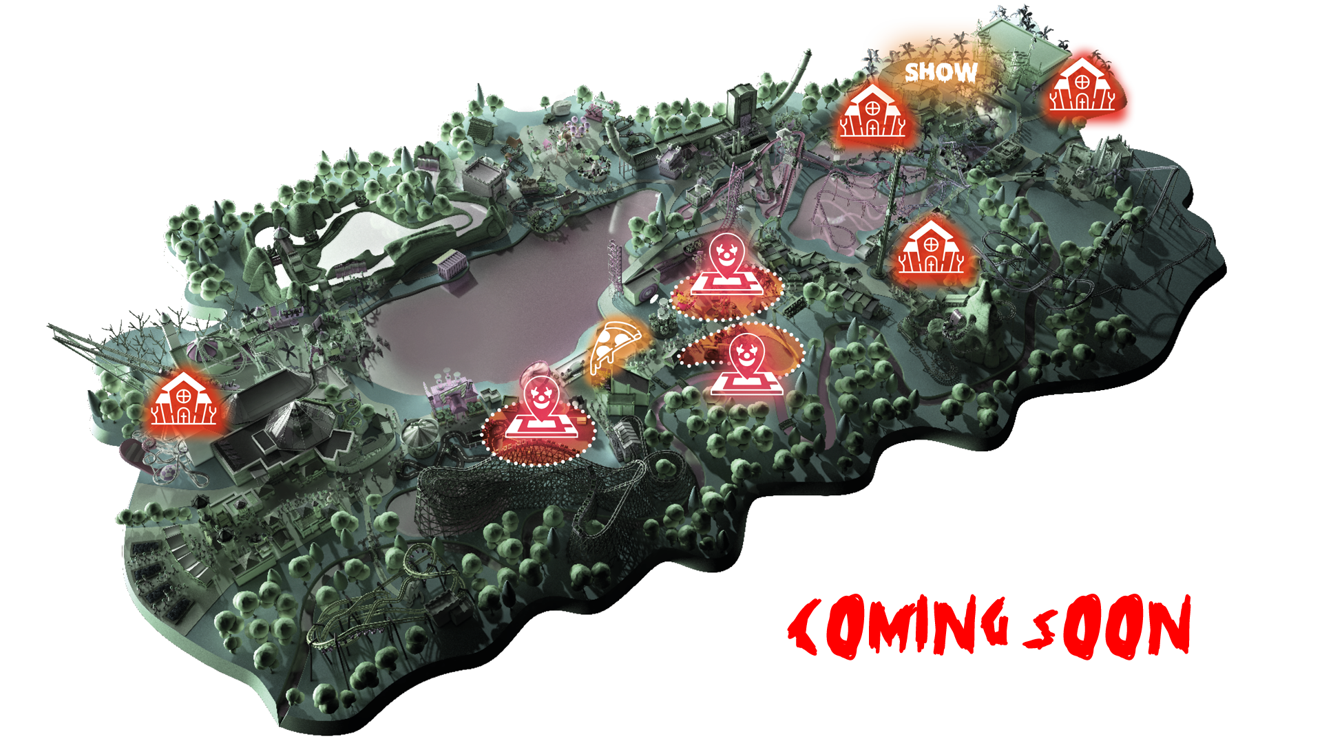 Plattegrond van de Ibilaw-activiteiten in Walibi Belgium: spookhuizen, scare zones, culinary ervaring en gruwelijke show
