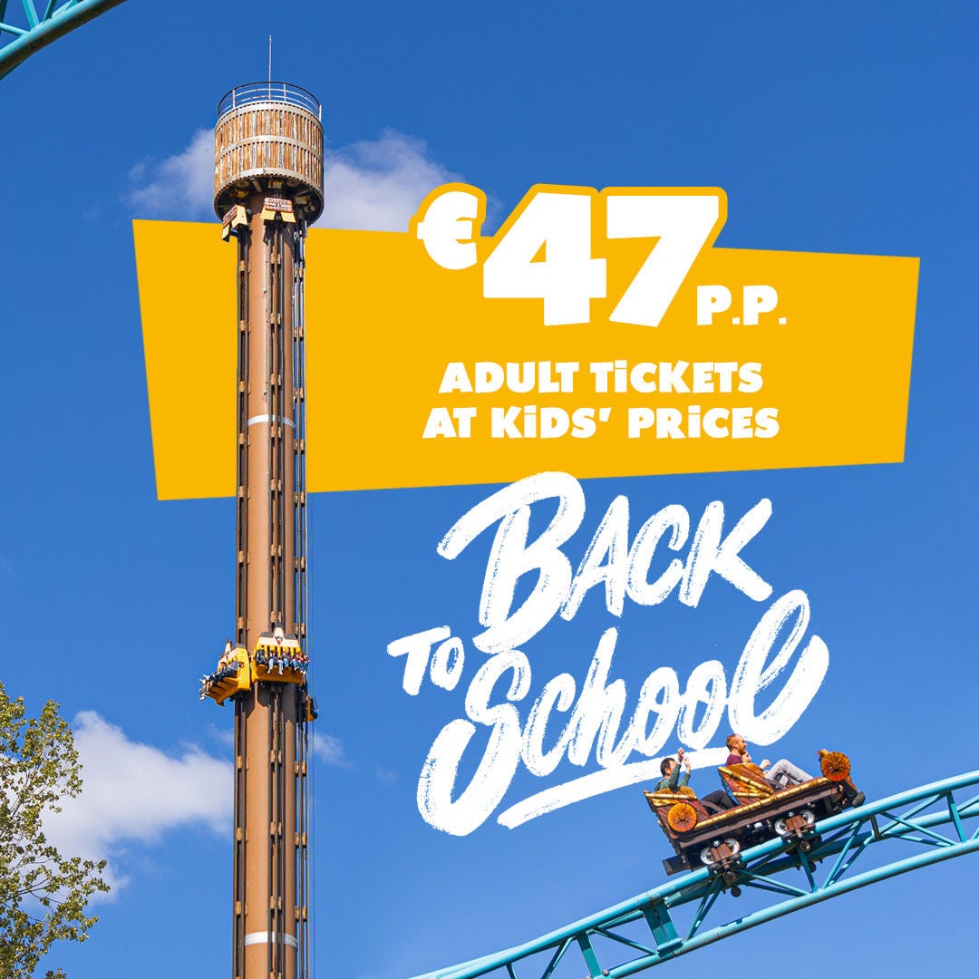 Enjoy our “Adult ticket at the kids’ price” offer: €47 per person. The perfect opportunity to enjoy Dalton Terror and/or Tiki-Waka, featured in this Back to School visual