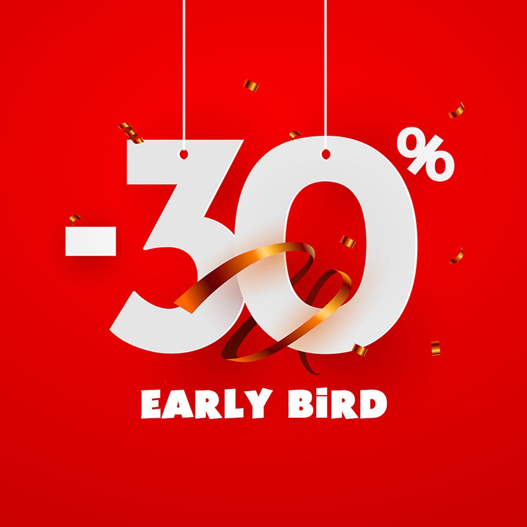 Visuel présentant une réduction early bird allant jusqu'à -30% sur les pass et tickets pour profiter de Walibi Belgium