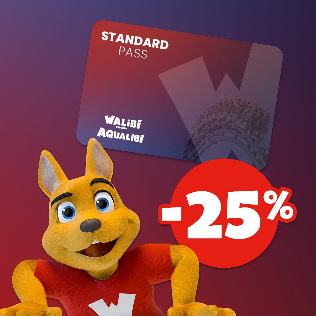 La mascotte Walibi vous regarde d’un air complice, comme pour vous inviter à profiter des attractions encore et encore avec un Pass annuel Standard. Une pastille indique : « -25 % sur les Pass Standard ».