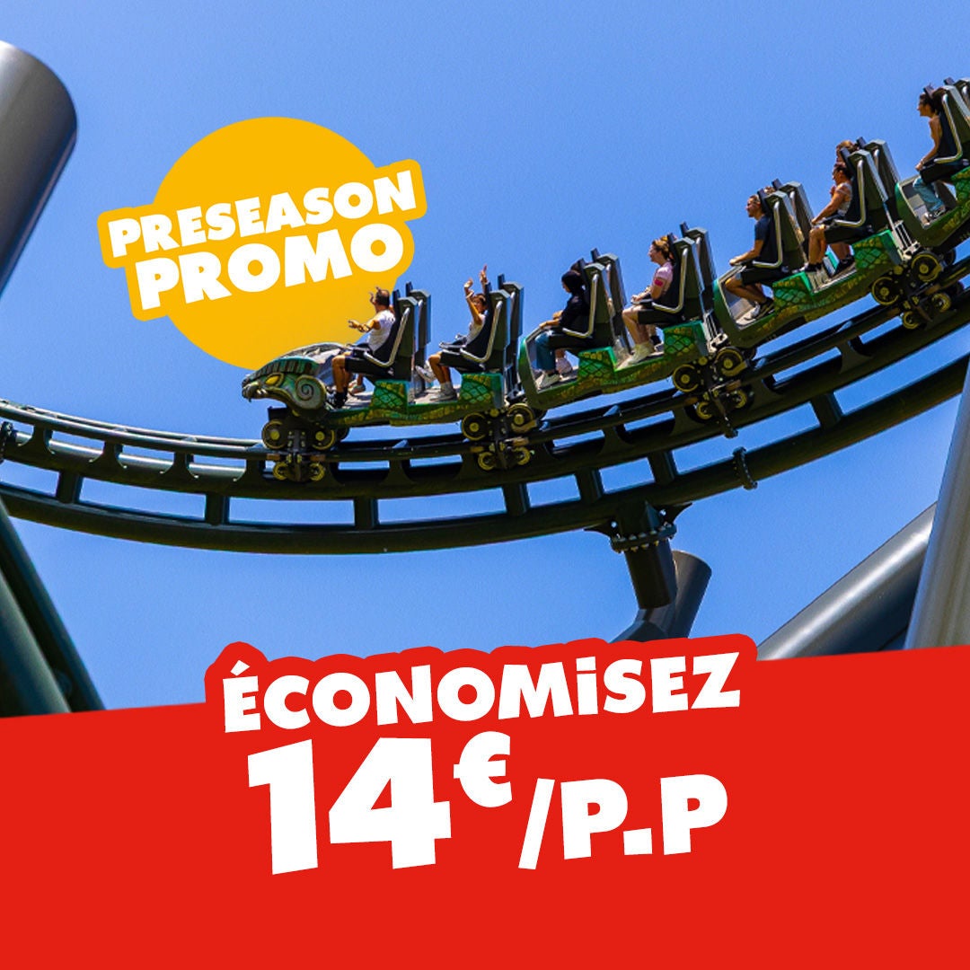 Wagon de l'attraction Kondaa de Walibi Belgium présentant la promotion pour l'ouverture de la saison : -25% sur le ticket d'entrée non daté.