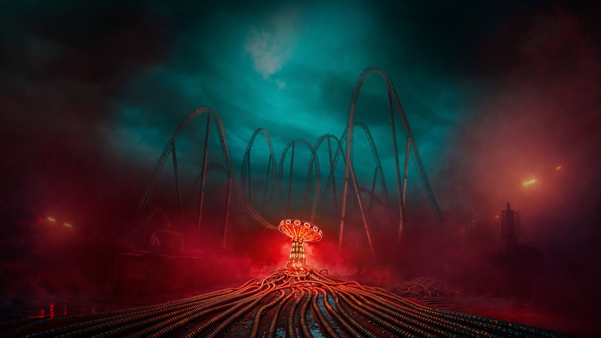 attraction Wave Singer à Walibi Belgium, carrousel dans une brume et illuminé en rouge pour l'événement d'Halloween : Ibilaw