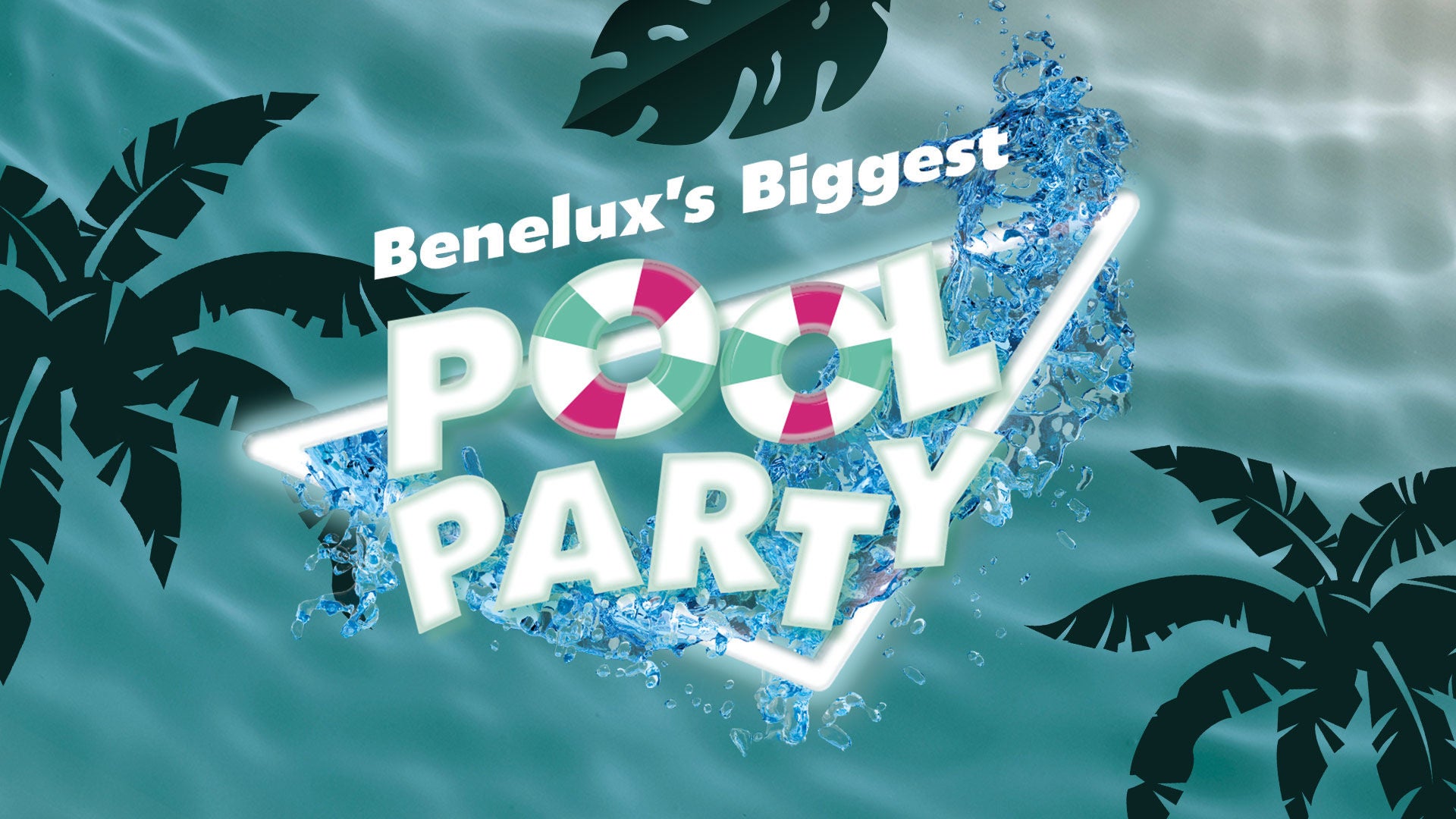 Mensen die genieten van een tropisch evenement bij Aqualibi met wateractiviteiten zoals AquaZumba, volleybal, darts, dunk-wedstrijden, waterpolo en waterpistoolgevechten in een zomerse feestsfeer.
