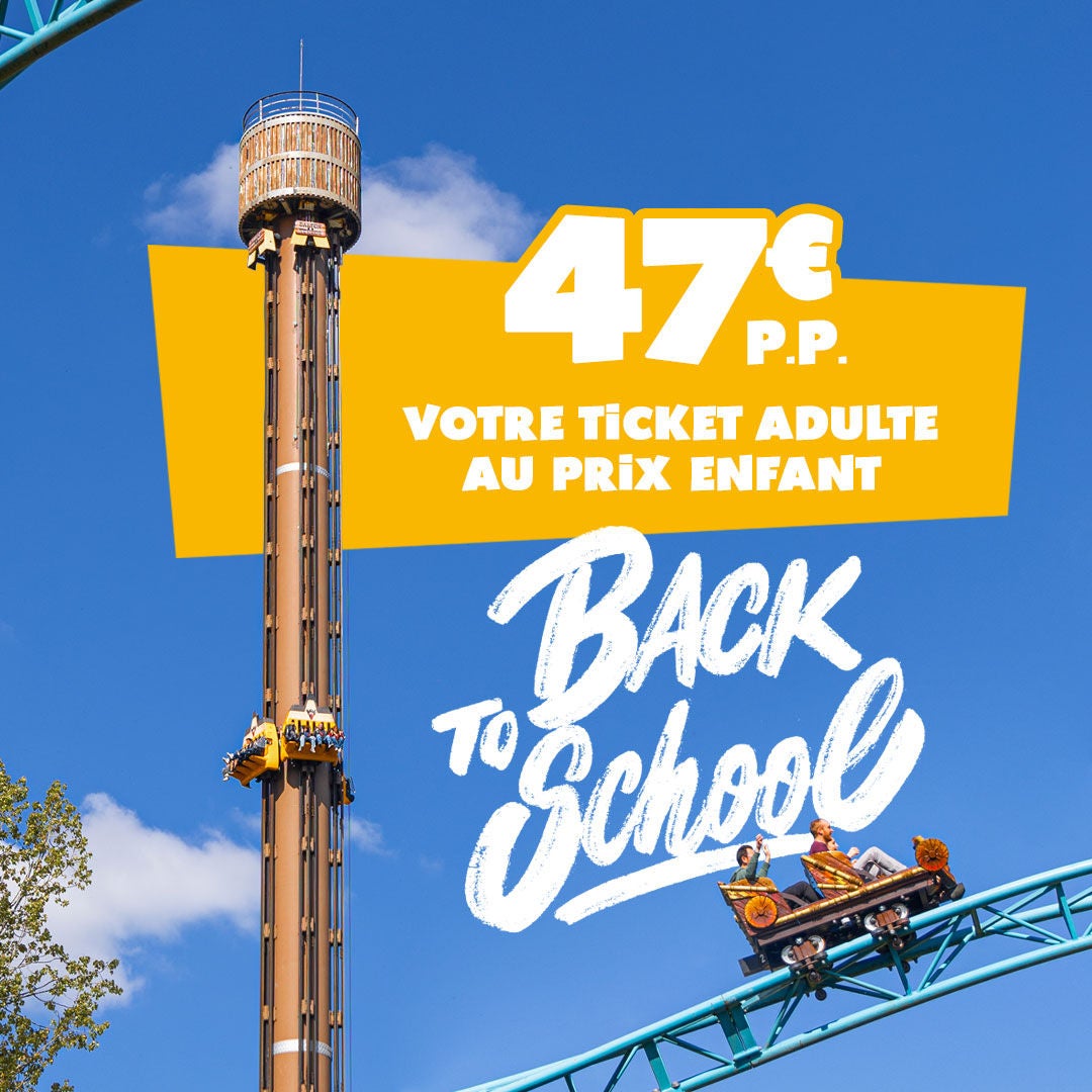 Profitez de l'offre "Ticket adulte au prix du ticket enfant", soit 47€ par personne. De quoi se faire plaisir sur la Dalton Terror et/ou Tiki-Waka présentées sur ce visuel intitulé Back to school.