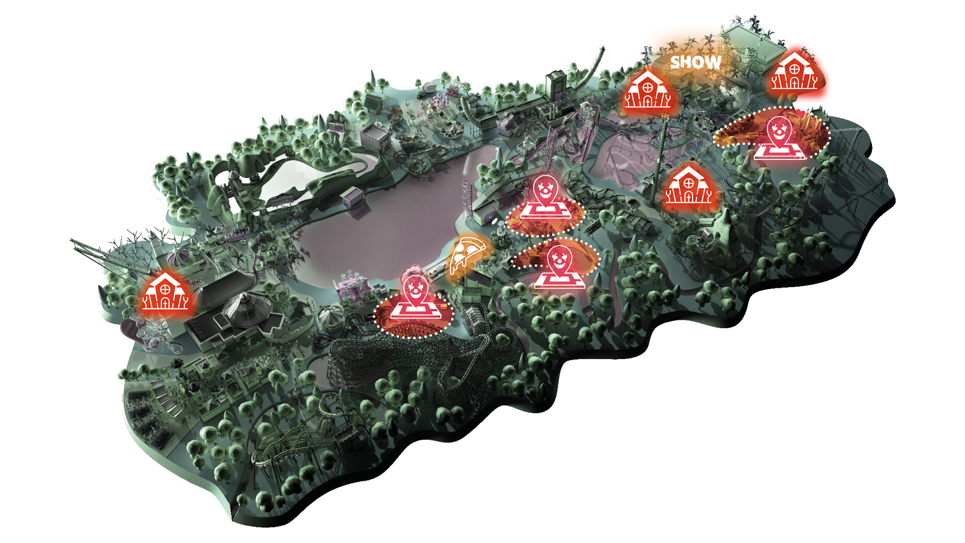 Map of Ibilaw activities at Walibi Belgium: haunted houses, spooky zones, culinary experience, terrifying show