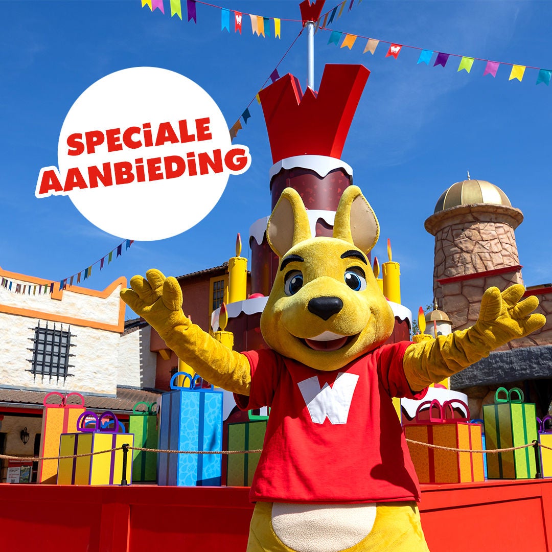 De Walibi-mascotte viert de verjaardag van het park met een verjaardagstaart in Walibi Belgium en zet de speciale 2+1-actie voor bezoeken van 28 juli tot en met 14 augustus 2026 in de kijker.