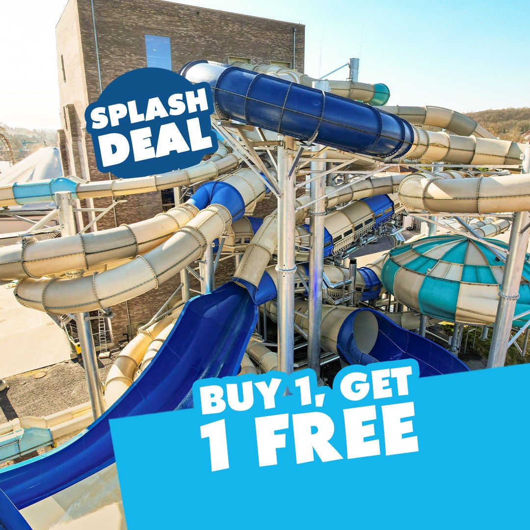 Aqualibi’s 1+1 promotion presented with an exterior view of the slides that guarantee lots of fun!