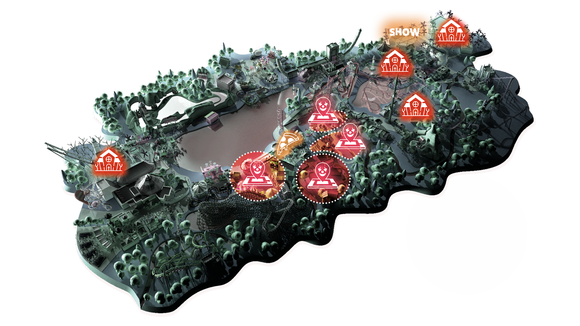 Carte des activités Ibilaw à Walibi Belgium : maisons hantées, zones effrayantes, expérience culinaire, spectacle terrifiant