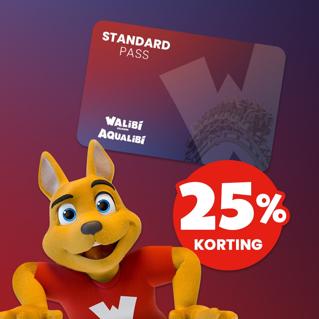De Walibi-mascotte kijkt je met een veelbetekenende blik aan, alsof hij je uitnodigt om keer op keer van de attracties te genieten met een Standard-jaarpas. Op een promobadge staat: “25% korting op Standard-passen