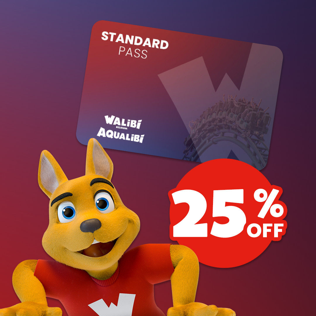The Walibi mascot gives you a knowing look, inviting you to enjoy the attractions again and again with a Standard Annual Pass. A promotional badge reads: “25% off Standard Passes".